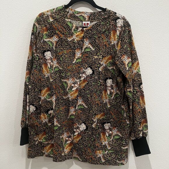 Vintage Betty Boop Queen Of Jungle Scrub Jacket Nurse Print 1997 Uniform Rare - Picture 1 of 9